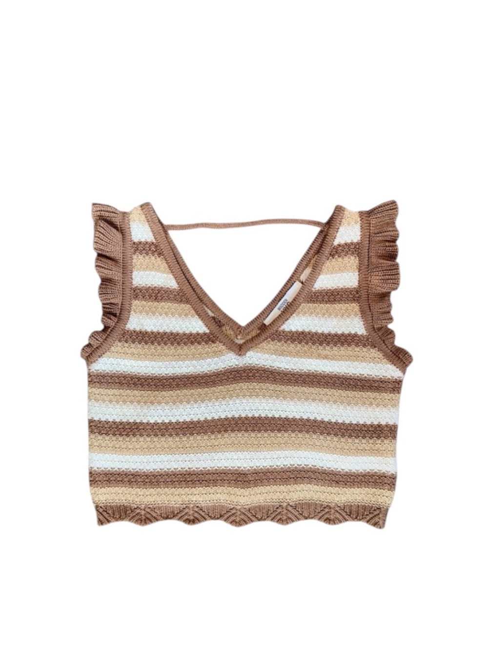 Madden NYC Crochet Knit Tank Top Striped Brown Cream Retro 70s Boho Size XS